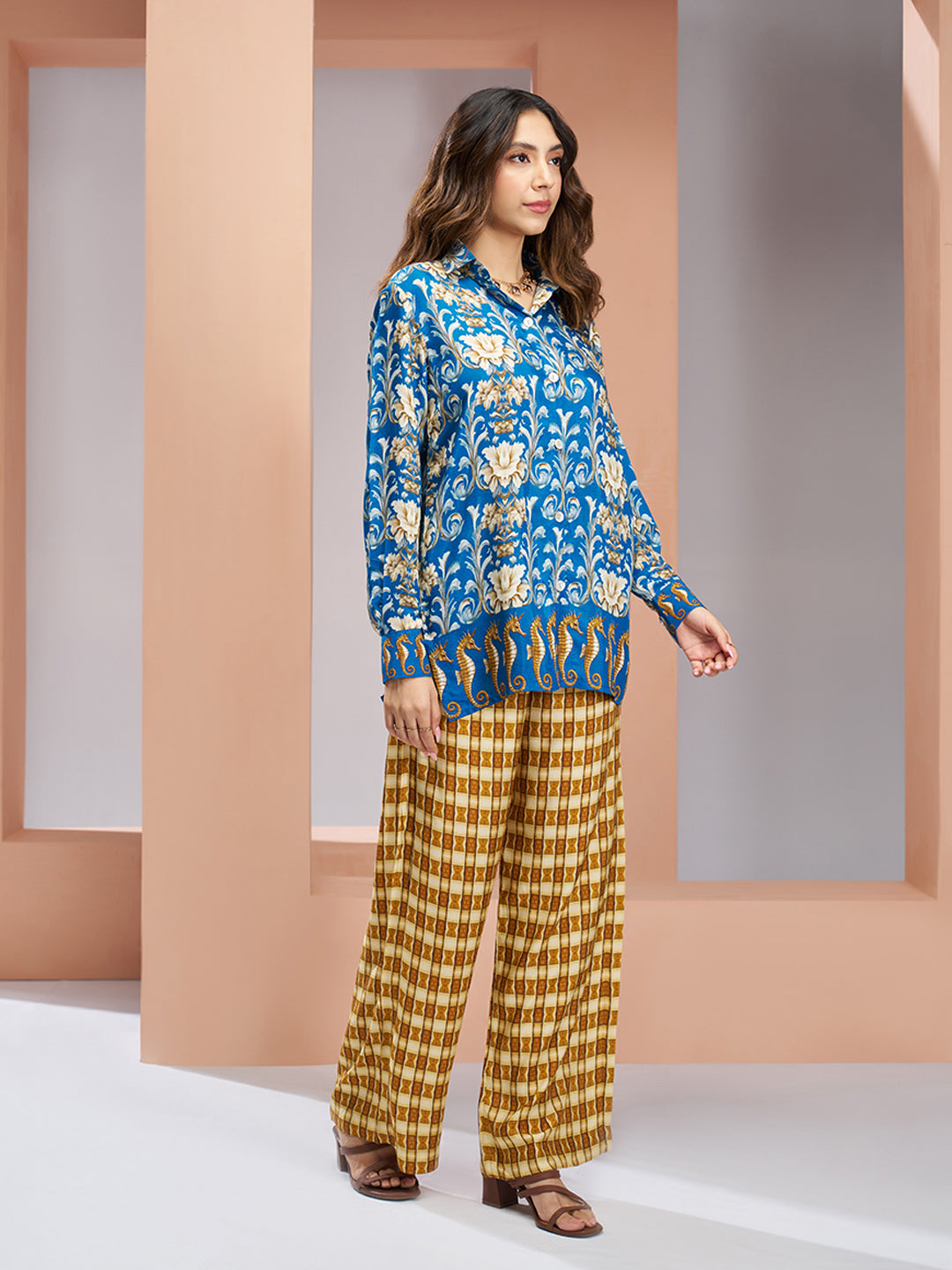 Royal Blue Floral Designer Pure Muslin Silk Co-Ord Set for Women