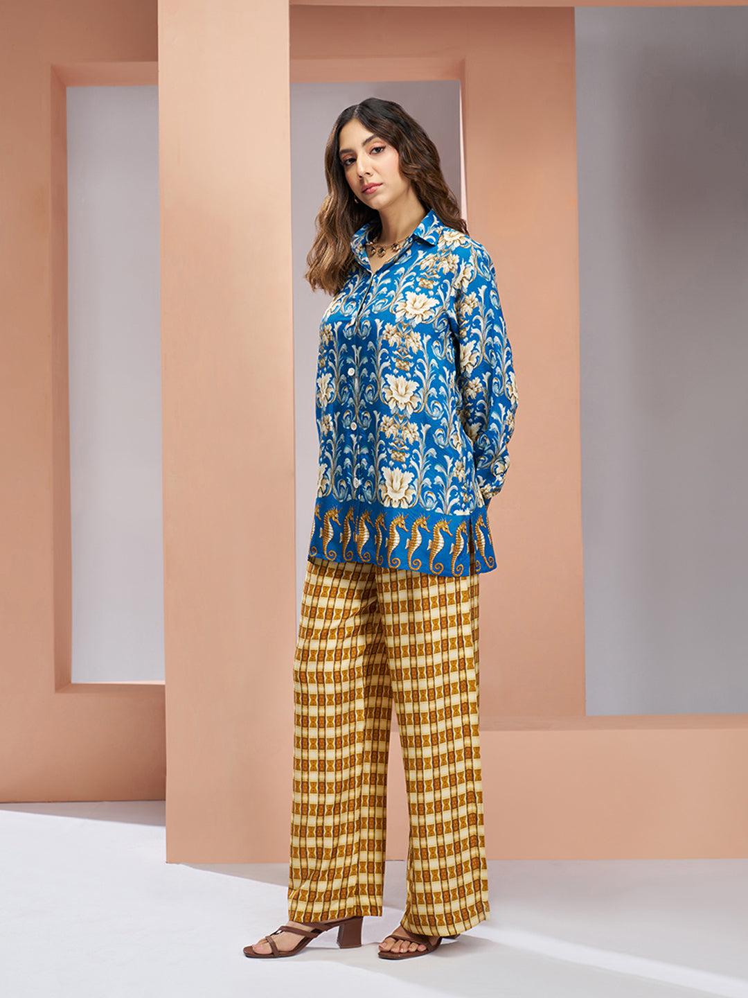 Royal Blue Floral Designer Pure Muslin Silk Co-Ord Set for Women