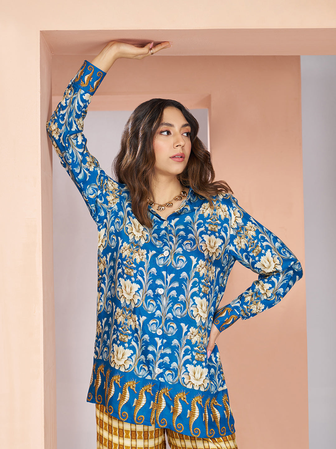 Royal Blue Floral Designer Pure Muslin Silk Co-Ord Set for Women