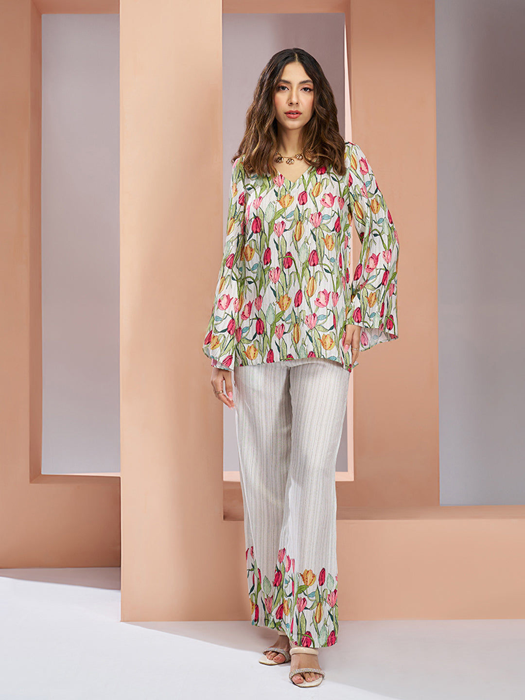 White Floral Pure Muslin Silk Designer Co-Ord Set for Women