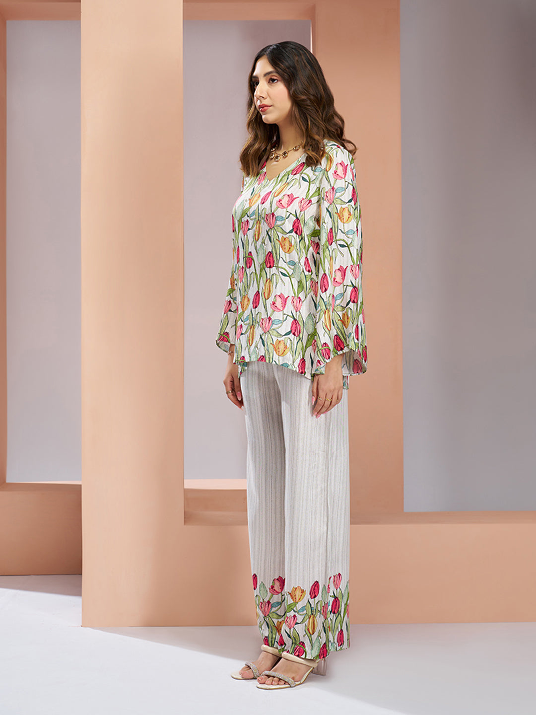 White Floral Pure Muslin Silk Designer Co-Ord Set for Women