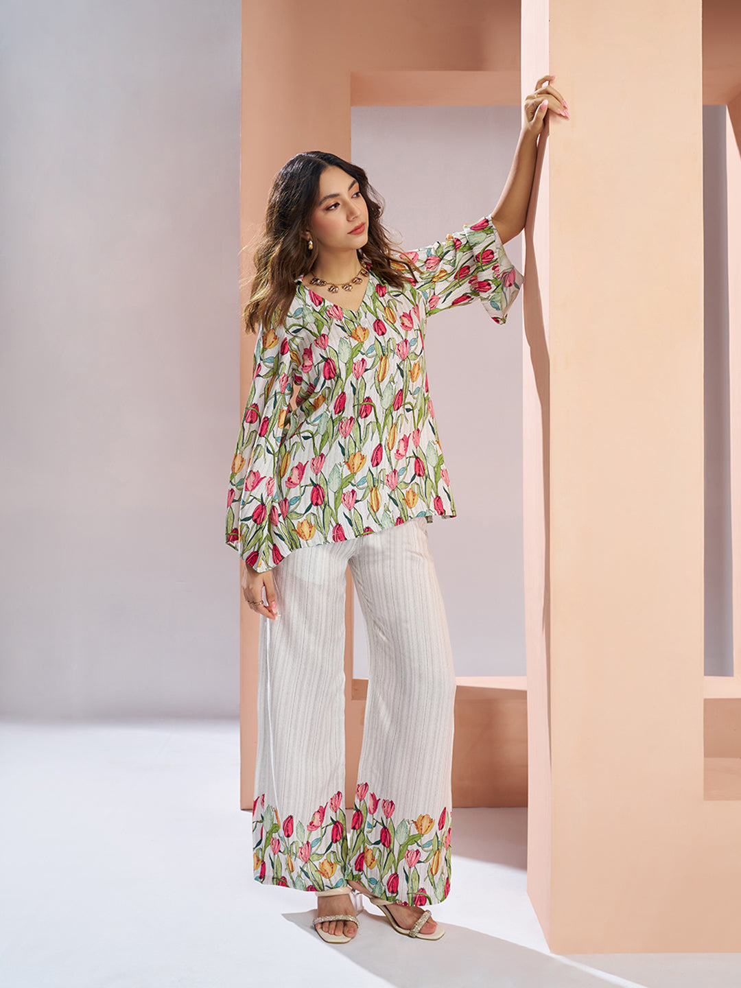 White Floral Pure Muslin Silk Designer Co-Ord Set for Women