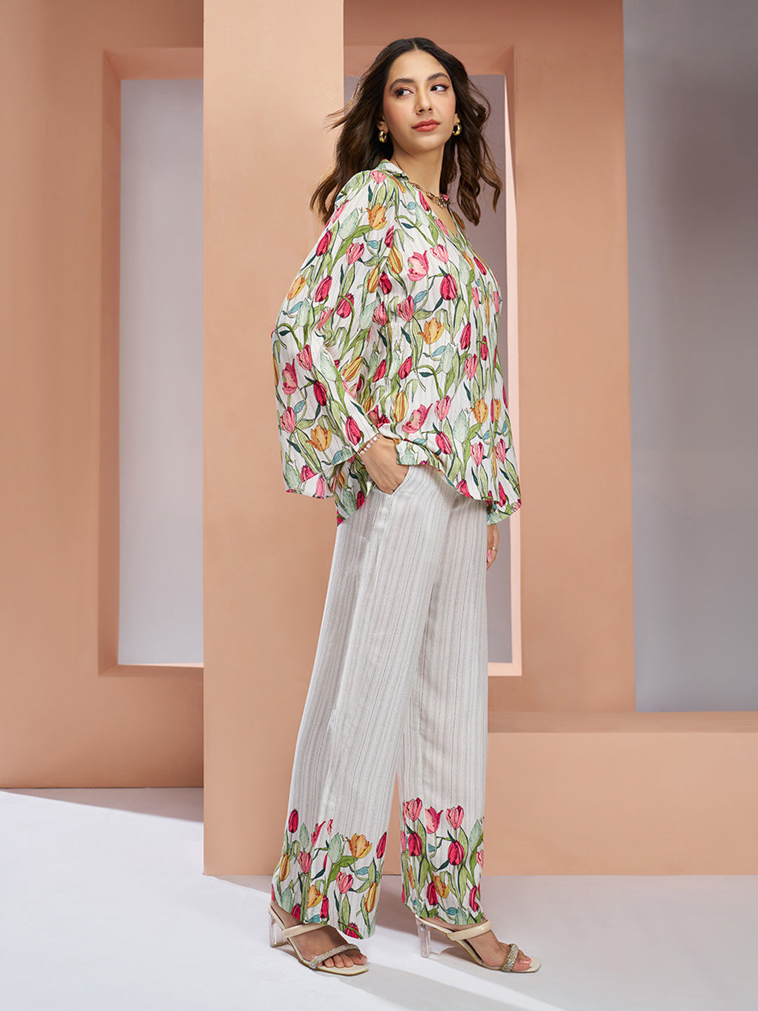 White Floral Pure Muslin Silk Designer Co-Ord Set for Women