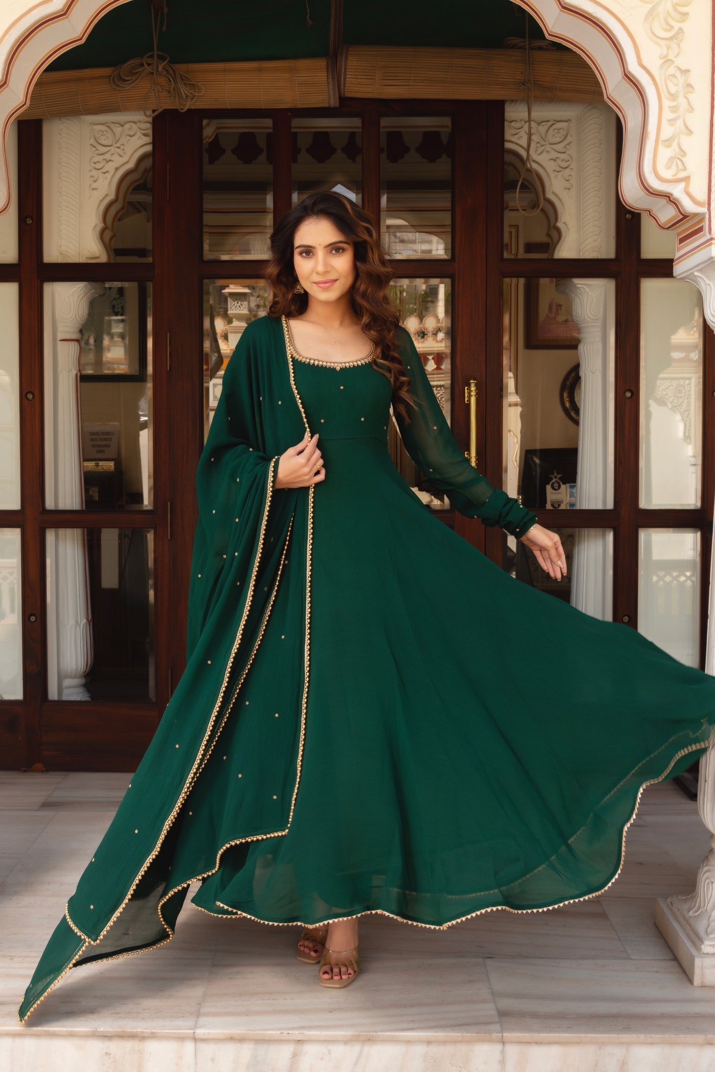GREEN COLOR SOFT GEORGETTE WITH SEQUENCE FULLY FLAIR ANARKALI SUIT