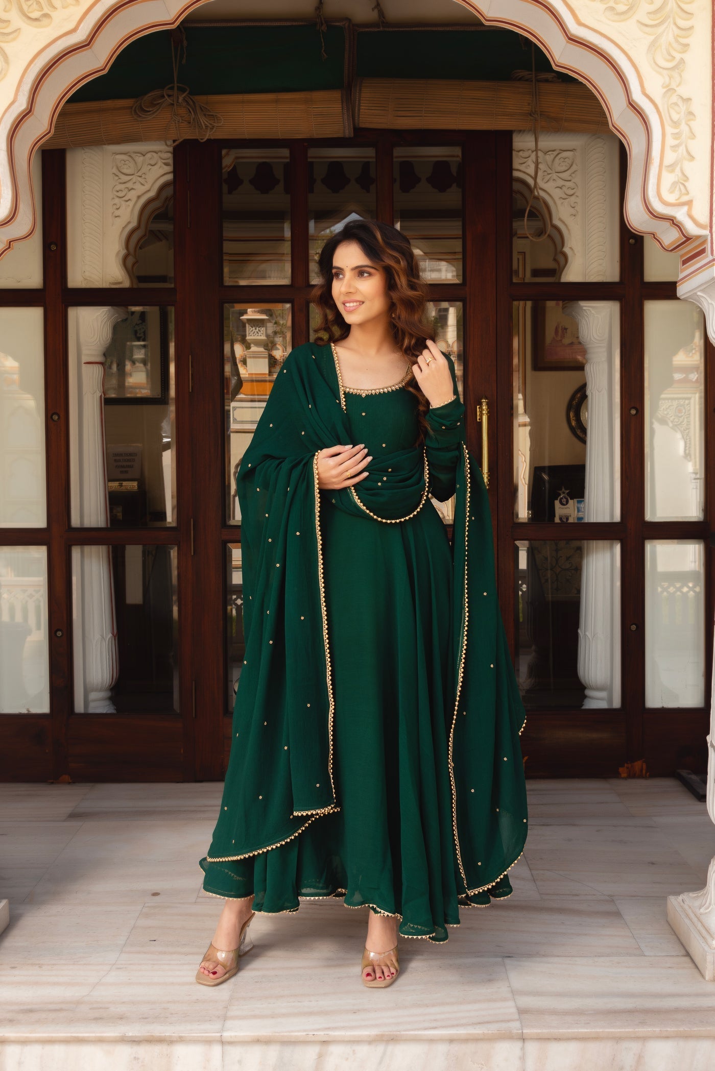 GREEN COLOR SOFT GEORGETTE WITH SEQUENCE FULLY FLAIR ANARKALI SUIT