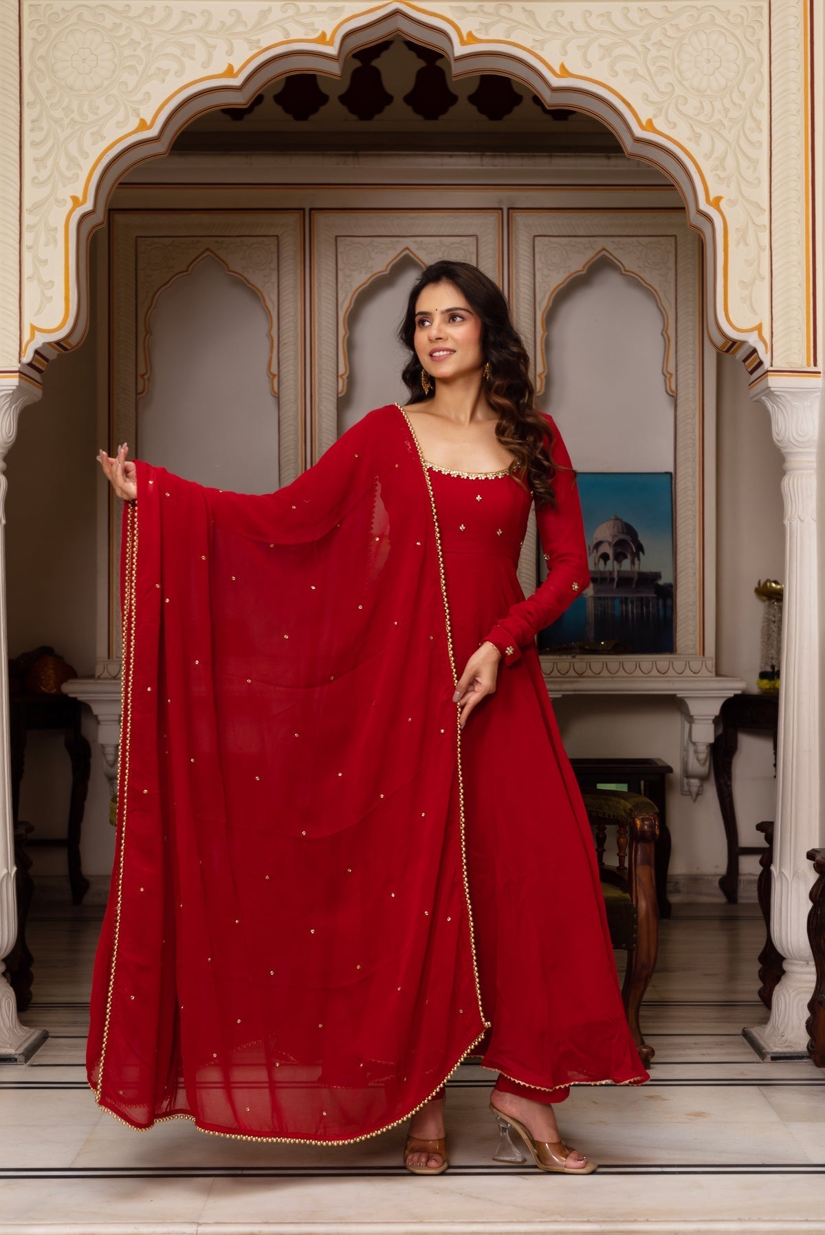 RED COLOR GEORGETTE BASE HAND WORK ANARKALI SUIT SET OF 3