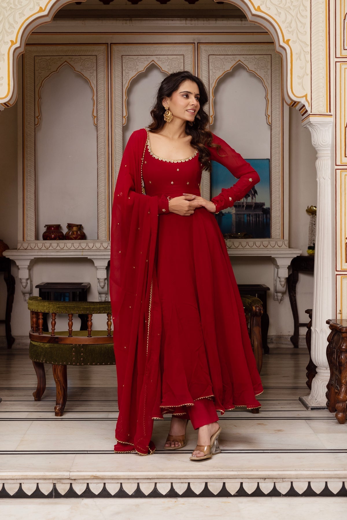 RED COLOR GEORGETTE BASE HAND WORK ANARKALI SUIT SET OF 3