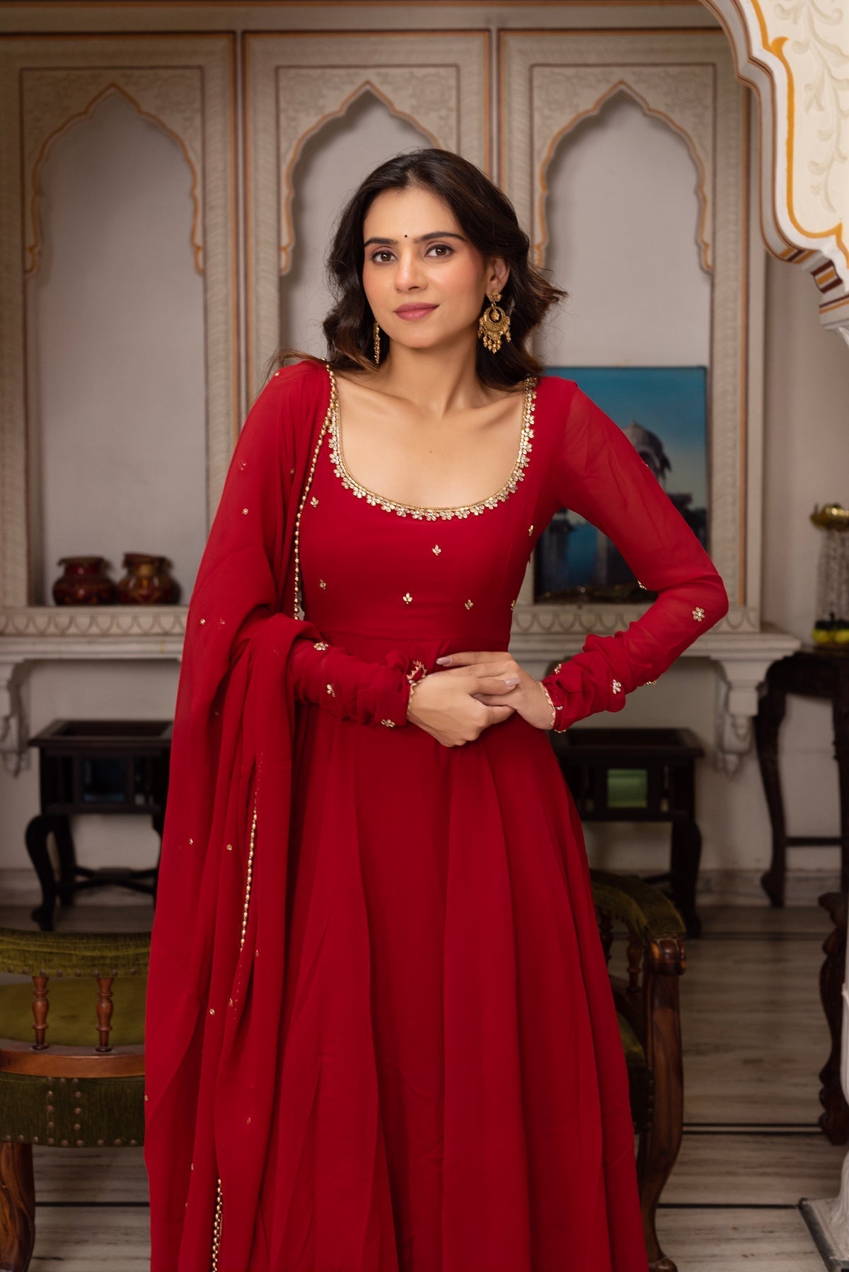 RED COLOR GEORGETTE BASE HAND WORK ANARKALI SUIT SET OF 3