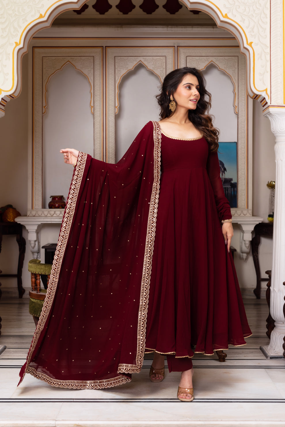 MAROON COLOR GEORGETTE BASE EMBROIDERY WORK ANARKALI SUIT SET OF 3