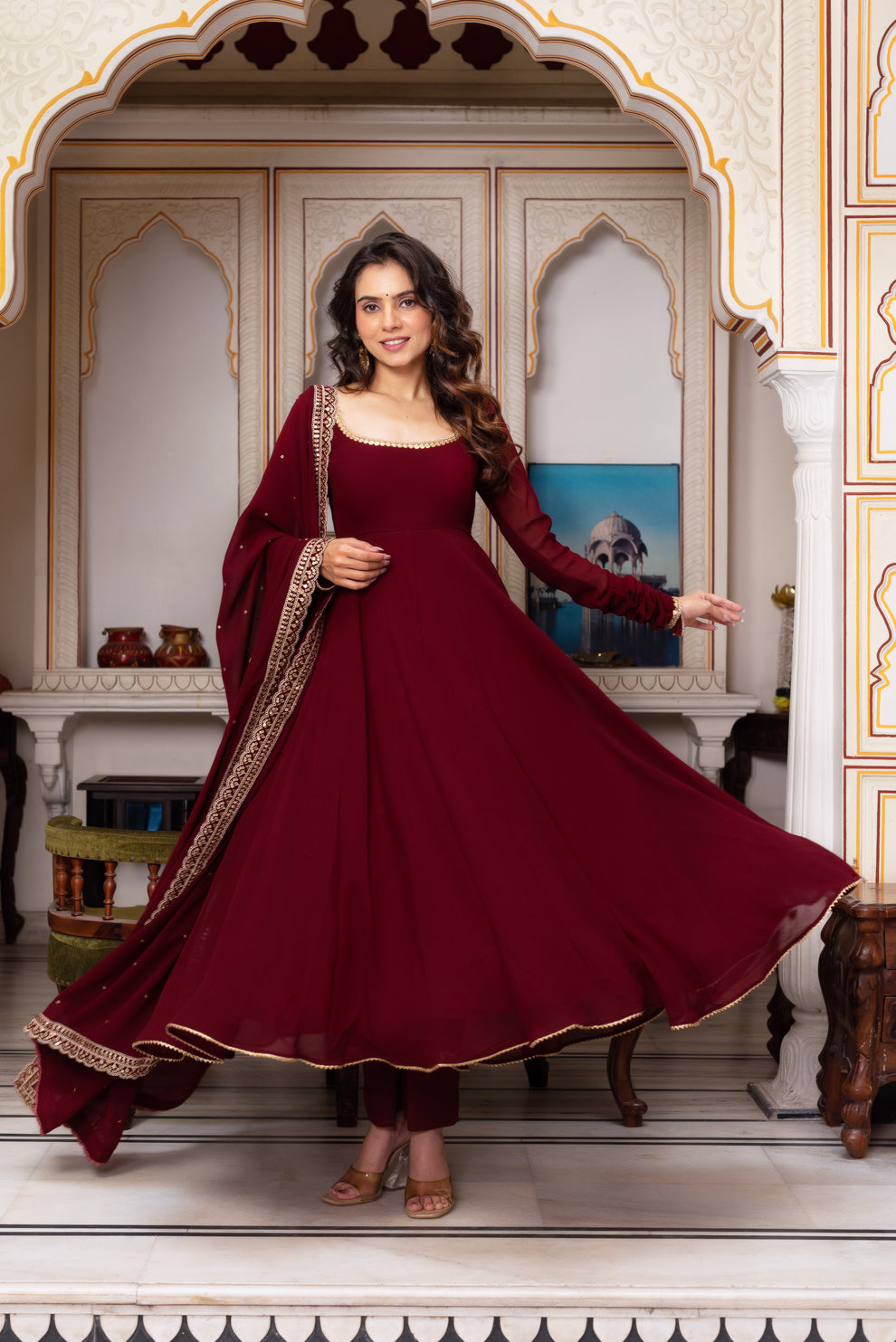 MAROON COLOR GEORGETTE BASE EMBROIDERY WORK ANARKALI SUIT SET OF 3