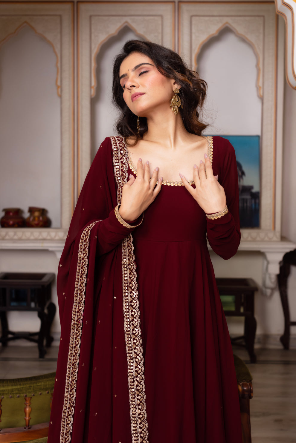 MAROON COLOR GEORGETTE BASE EMBROIDERY WORK ANARKALI SUIT SET OF 3