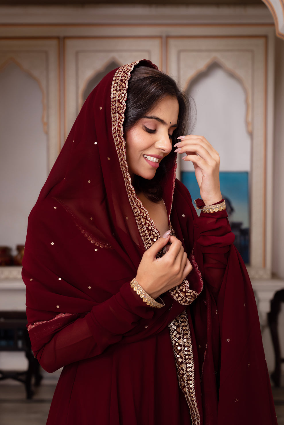 MAROON COLOR GEORGETTE BASE EMBROIDERY WORK ANARKALI SUIT SET OF 3