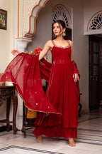 REDDISH MAROON COLOR HAND WORK NECK ANARKALI SUIT SET OF 3