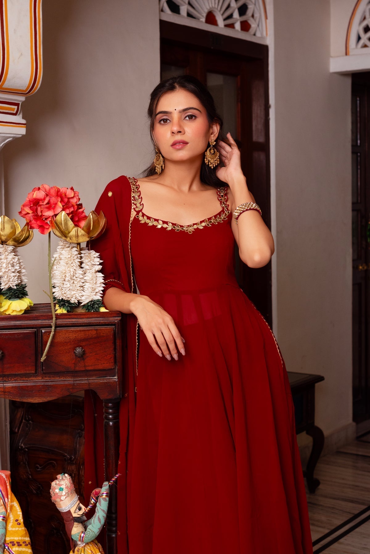 REDDISH MAROON COLOR HAND WORK NECK ANARKALI SUIT SET OF 3