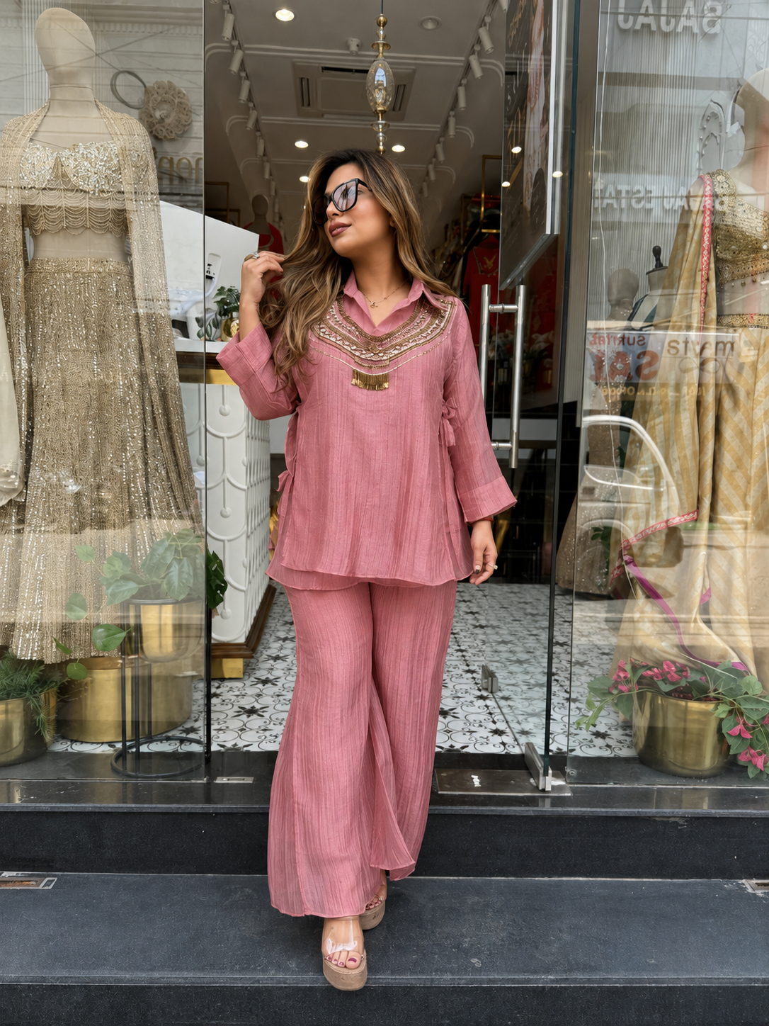 DUSTY PINK SALSA CRUSHED 3 PIECE CO-ORD SET