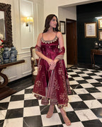ELEGANT MAROON ANARKALI SUIT IN PURE VICHITRA SILK FABRIC