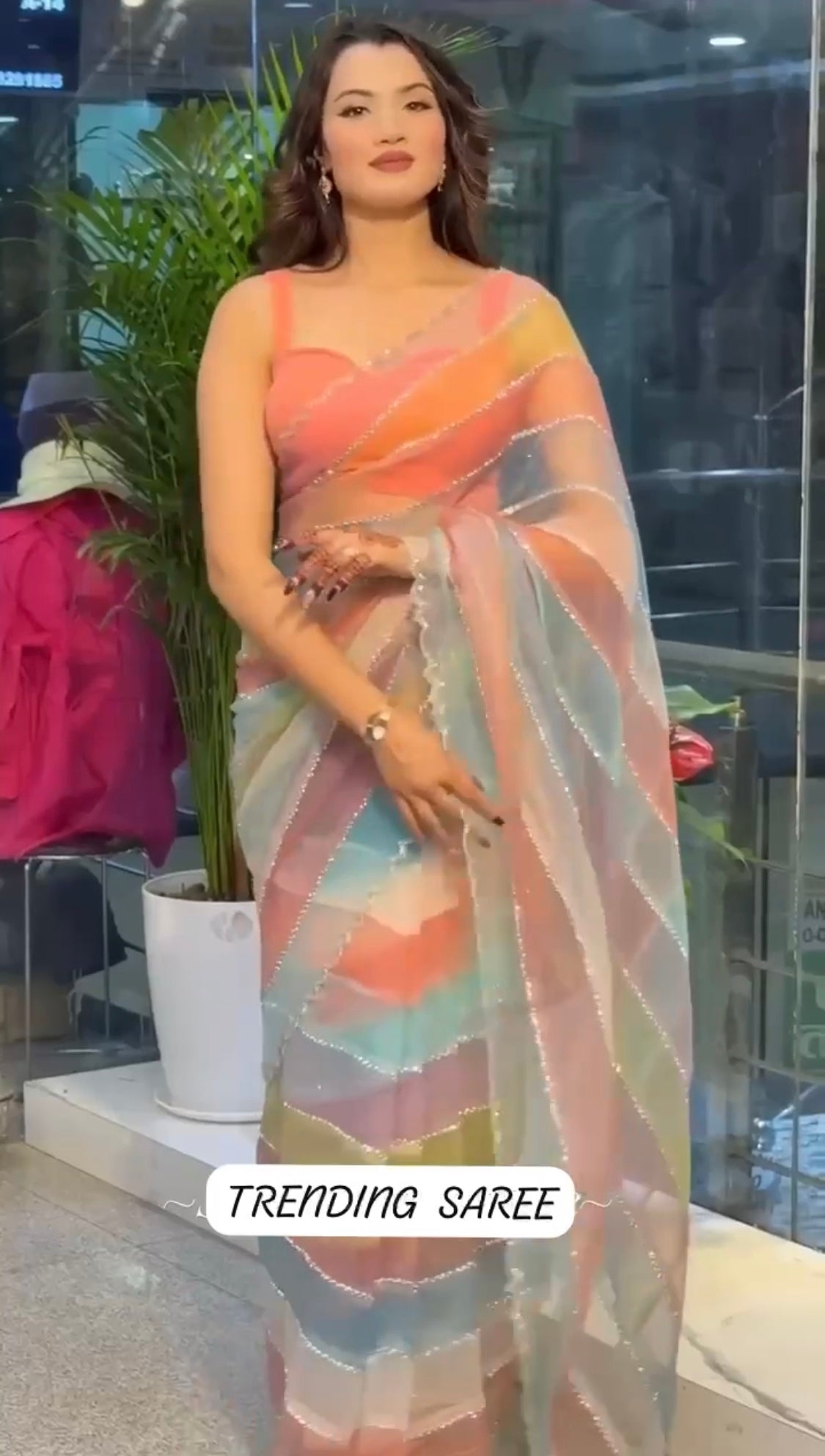 BEAUTIFUL COLORFUL ORGANZA DIAMOND WORK SAREE