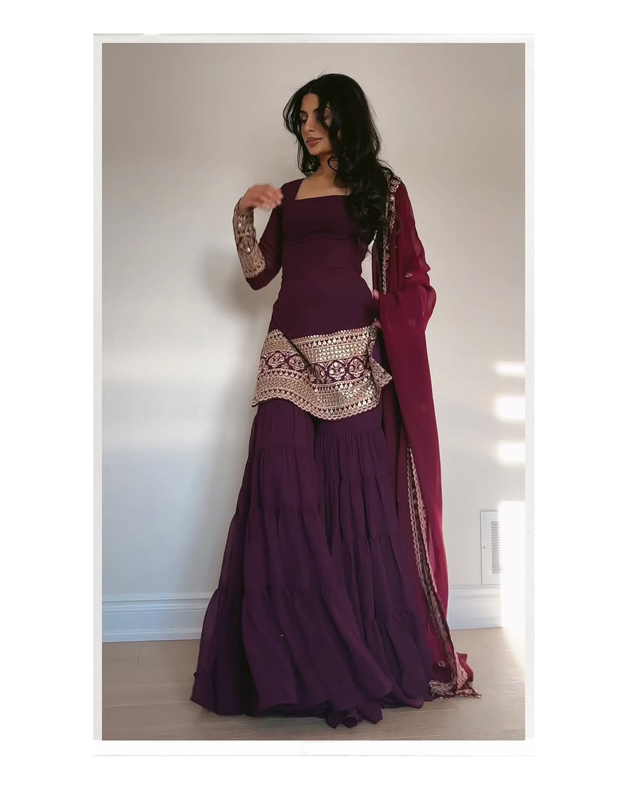 WINE COLOR GEORGETTE BASE EMBROIDERED WORK SHARARA SUIT SET OF 3