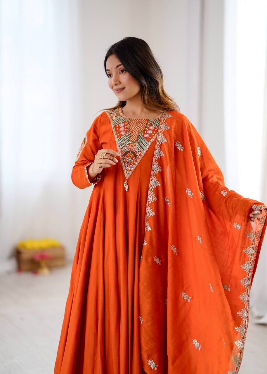 TRADITIONAL RED EMBROIDERED ANARKALI THREE PIECE SET