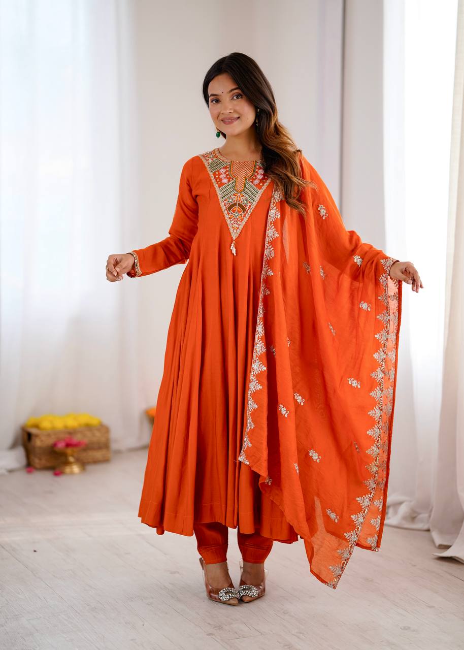 TRADITIONAL RED EMBROIDERED ANARKALI THREE PIECE SET