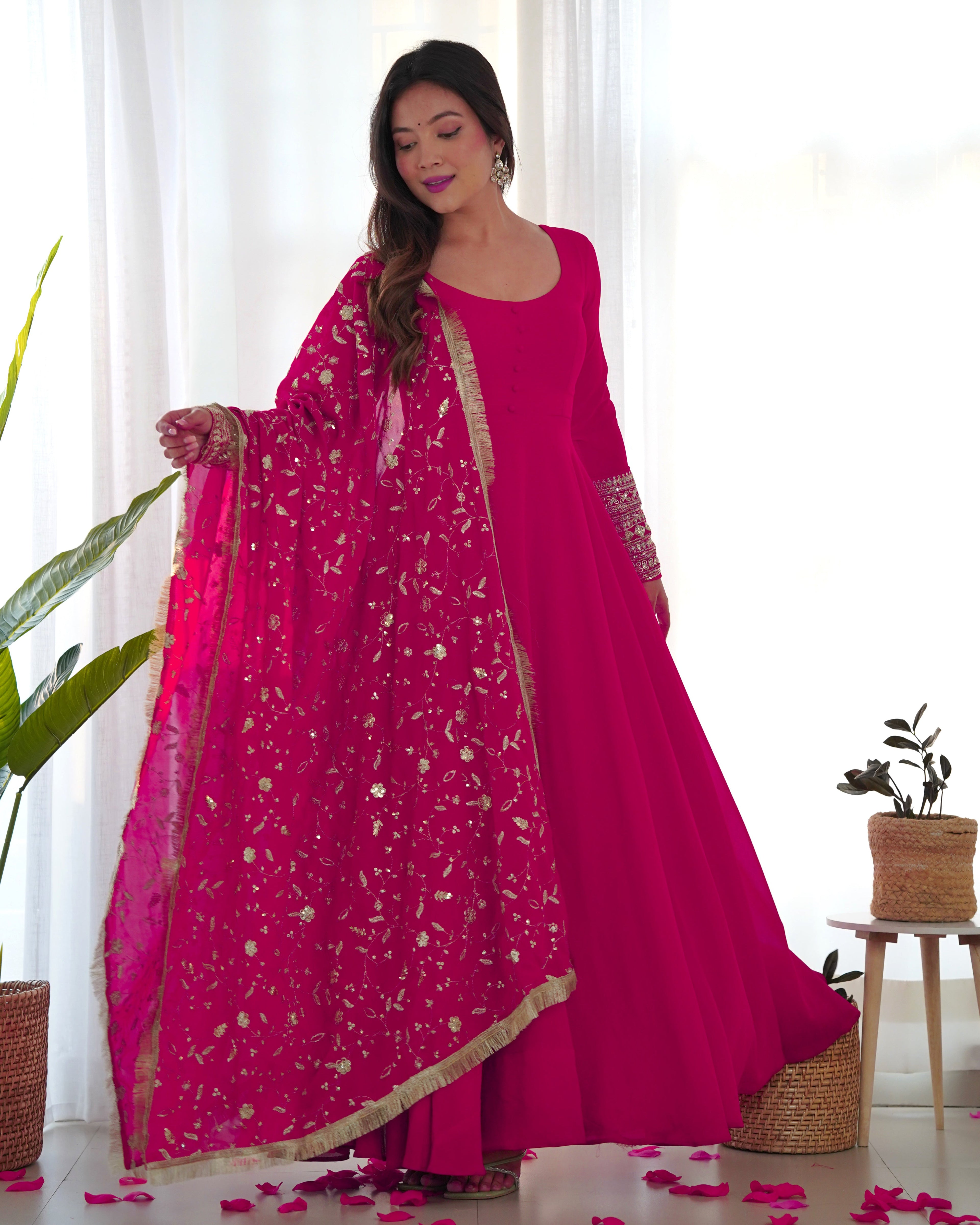 RANI PINK COLOR SOFT GEORGETTE ANARKALI GOWN WITH HEAVY EMBROIDERY WORK DUPATTA