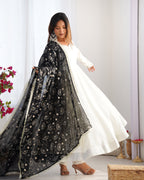 WHITE COLOR SOFT VICHITRA SILK ANARKALI WITH BLACK DUPATTA