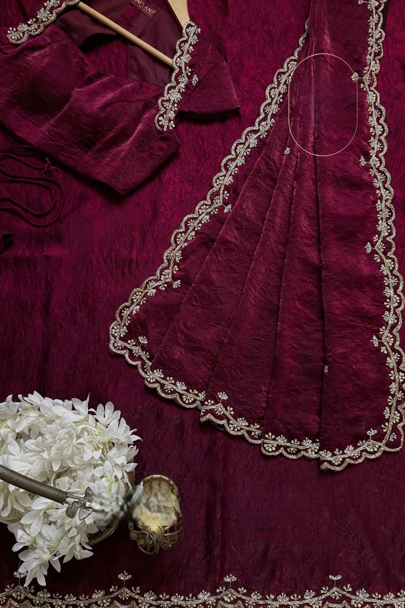 ELEGANT WINE SILK SAREE WITH CUTDANA & PEARL HANDWORK