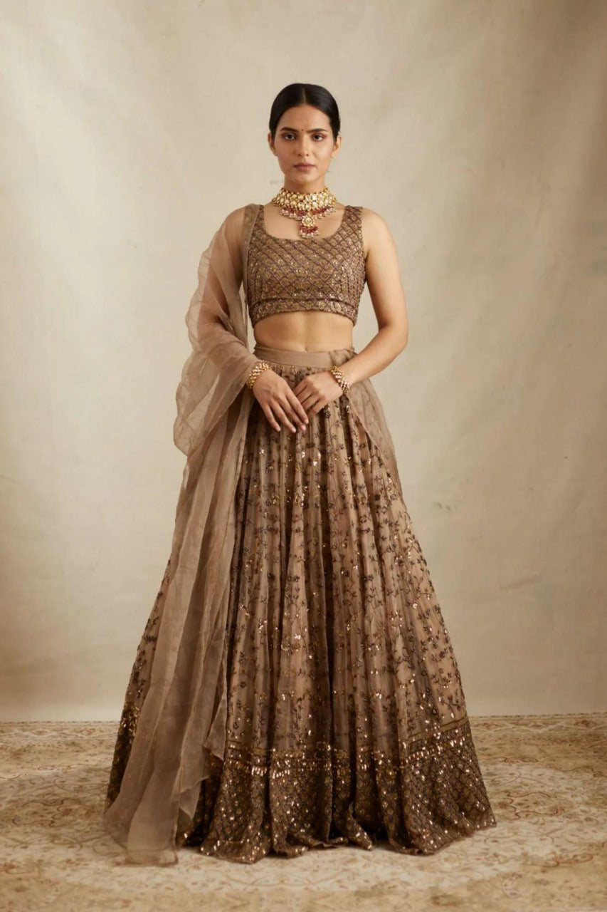 DESIGNER LOOK BROWN COLOR EMBROIDERED WORK LEHENGA CHOLI