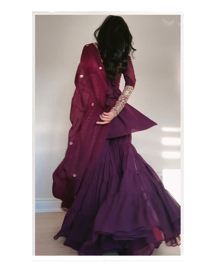 WINE COLOR GEORGETTE BASE EMBROIDERED WORK SHARARA SUIT SET OF 3