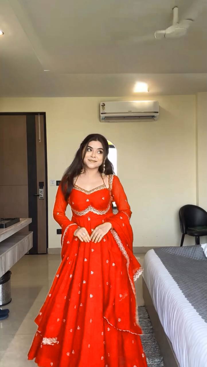 RED RITUAL GEORGETTE BASE ANARKALI GOWN SET OF 3