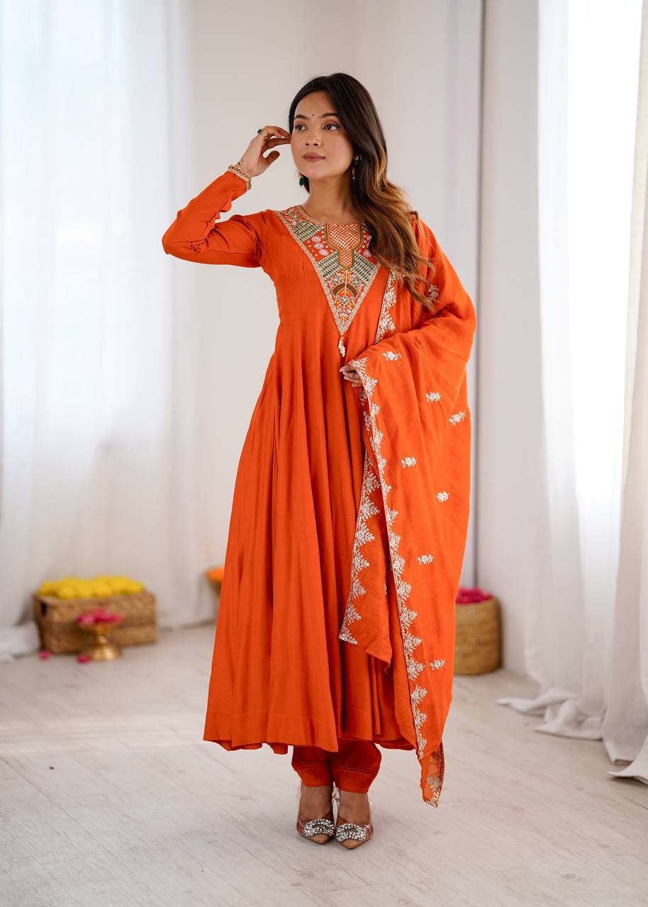 TRADITIONAL RED EMBROIDERED ANARKALI THREE PIECE SET