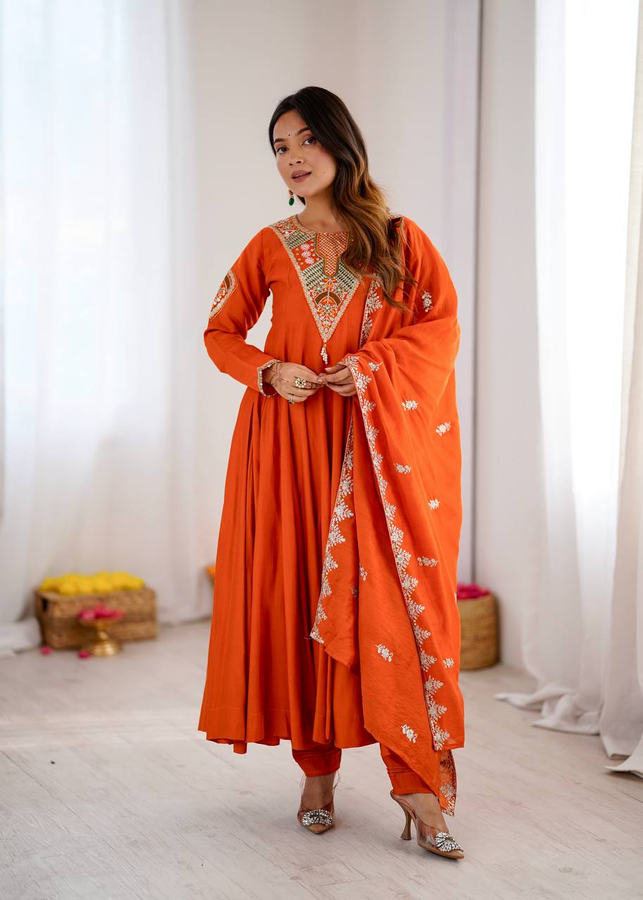 TRADITIONAL RED EMBROIDERED ANARKALI THREE PIECE SET