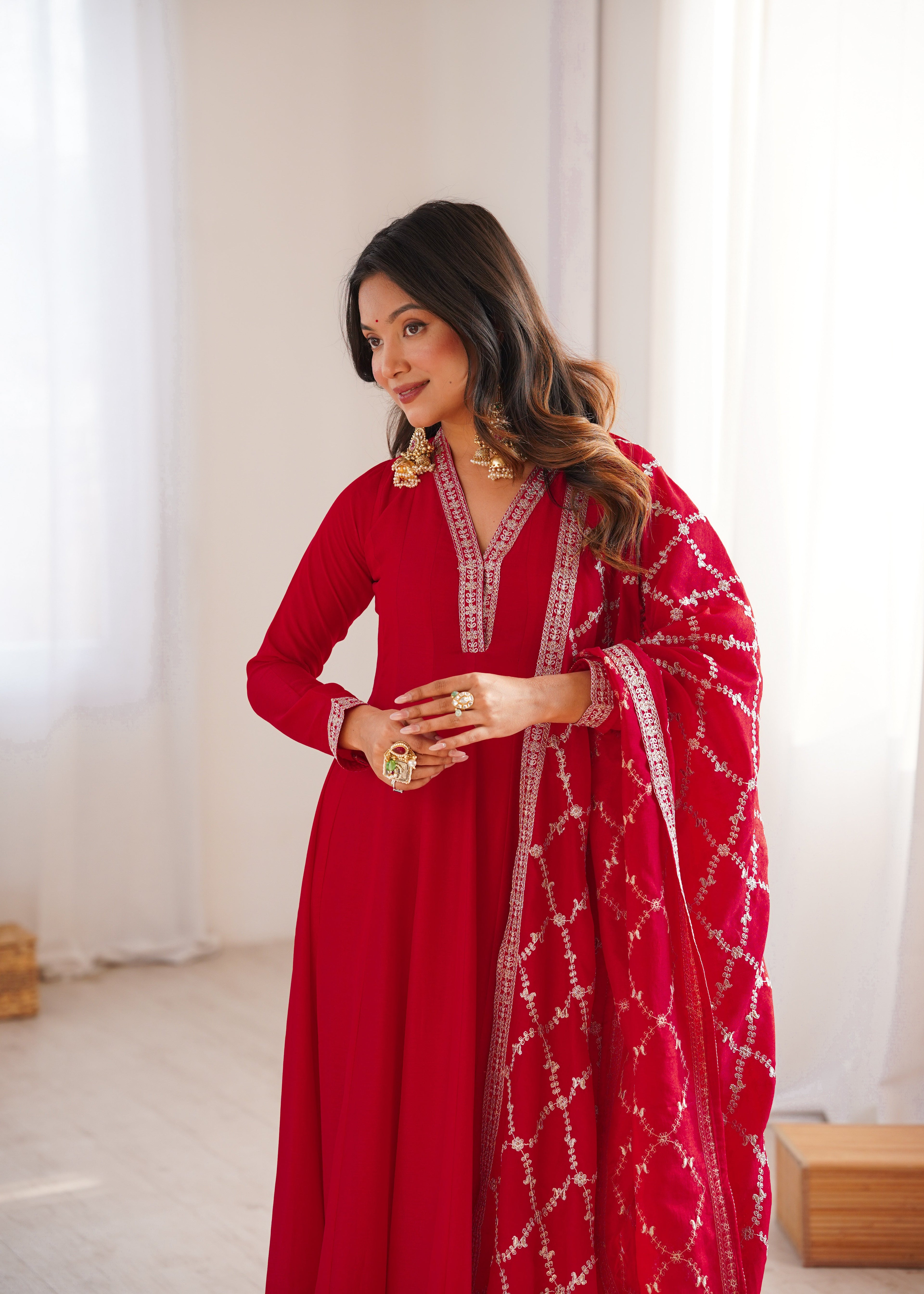 RED COLOR VICHITRA SILK EMBROIDERED GOWN