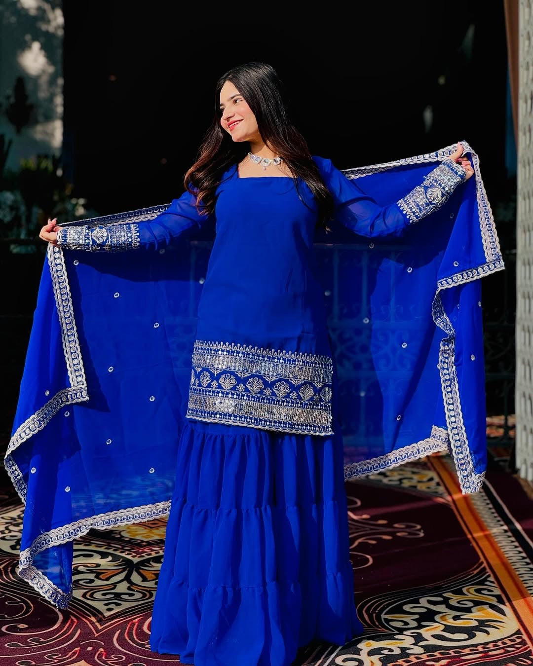 BLUE COLOR GEORGETTE BASE EMBROIDERED WORK SHARARA SUIT SET OF 3