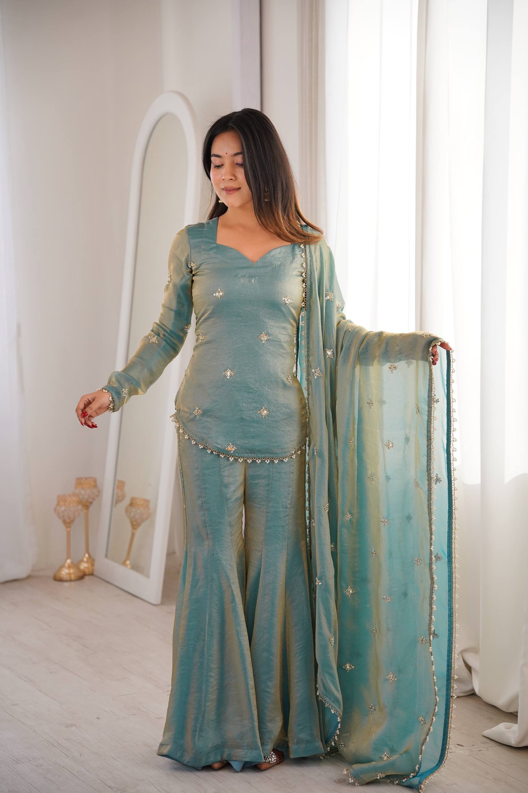 ETHNICVOUGE PREMIUM FENDI SILK BASE EMBROIDERED SALWAR SUIT SET OF 3
