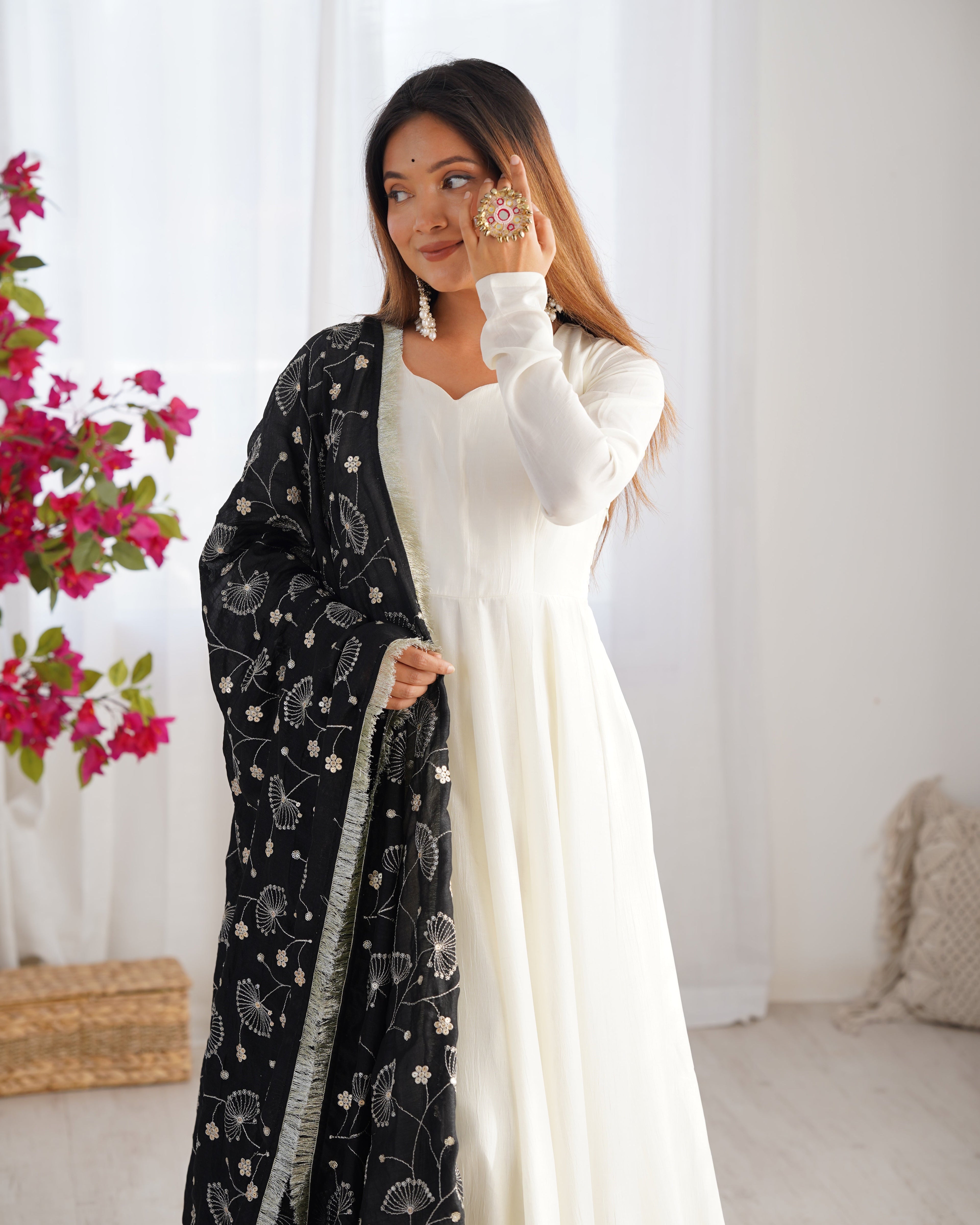 WHITE COLOR SOFT VICHITRA SILK ANARKALI WITH BLACK DUPATTA