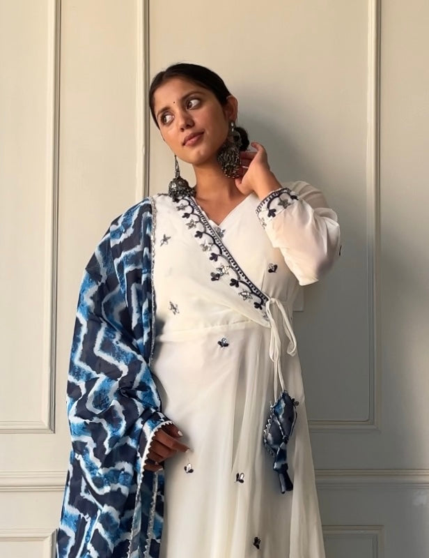 WHITE COLOUR GEORGETTE BASE EMBROIDERY WORK ANARKALI SUIT SET OF 3