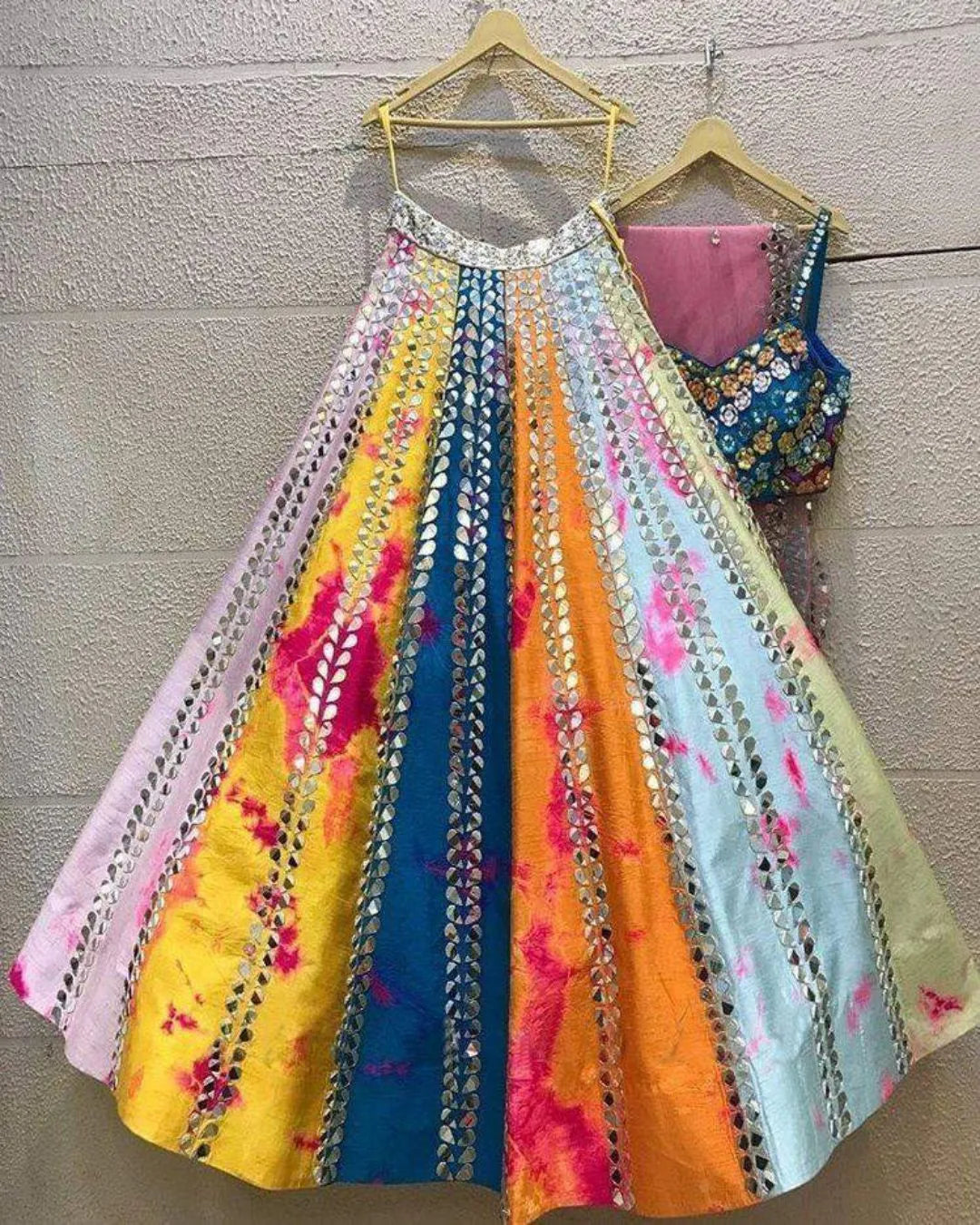 GORGEOUS MULTI COLOR SATIN FABRIC MIRROR WORK LEHENGA CHOLI