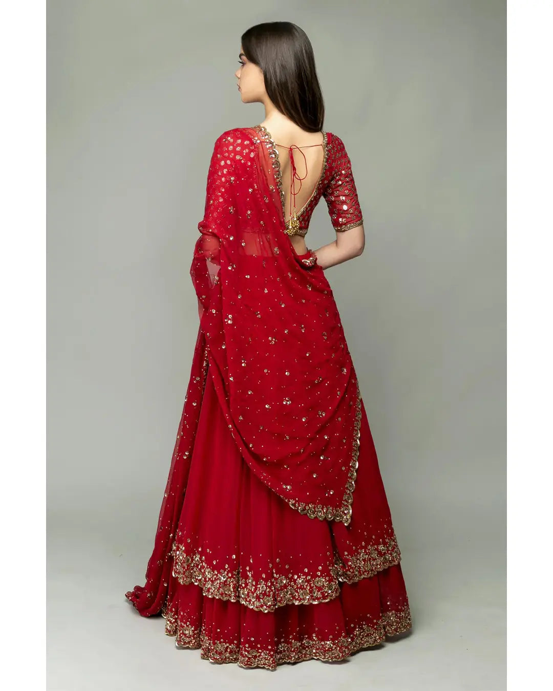 MAROON DOUBLE LAYER SEQUENCE EMBRODERIED GEORGETTE LEHENGA CHOLI