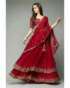 MAROON DOUBLE LAYER SEQUENCE EMBRODERIED GEORGETTE LEHENGA CHOLI