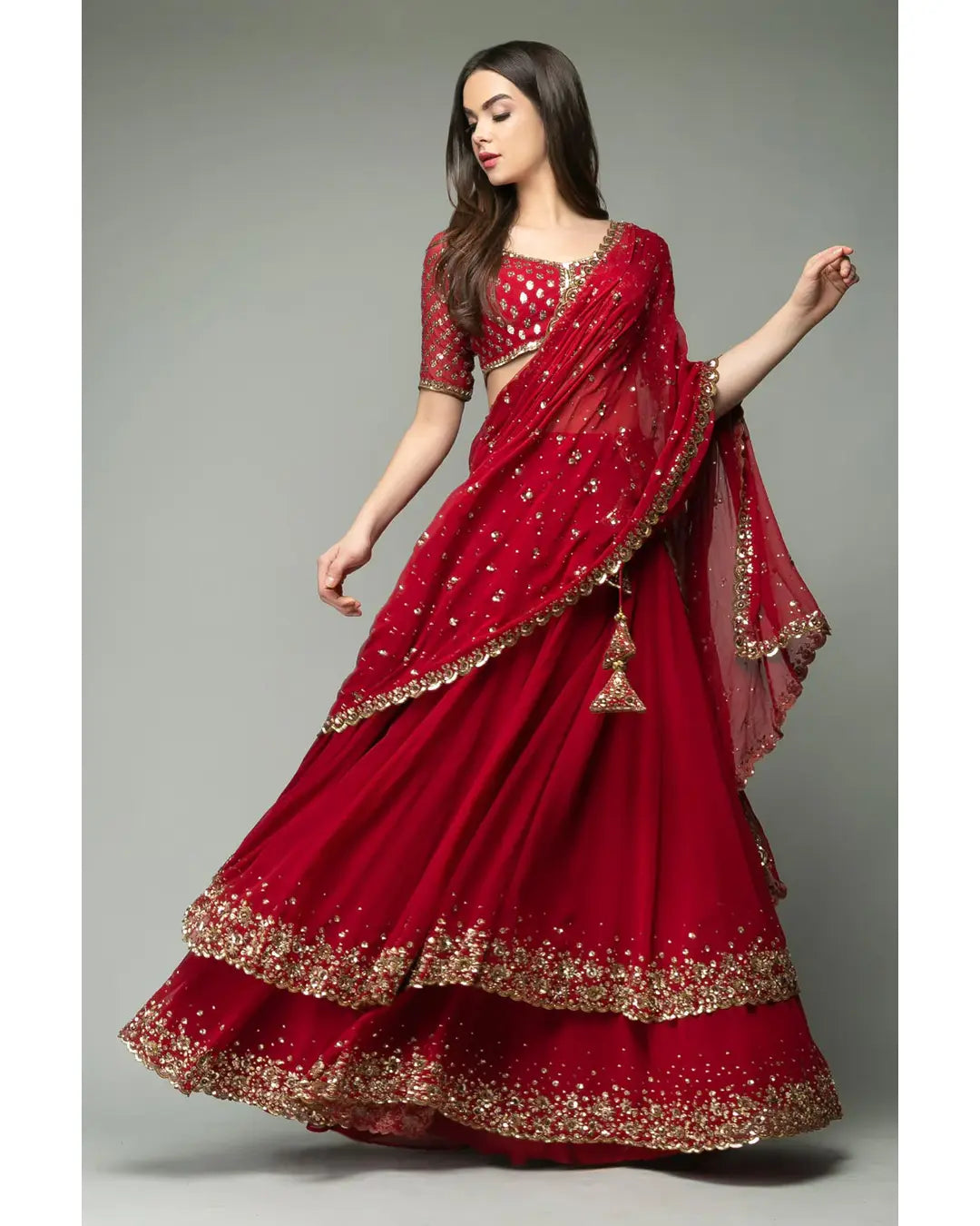 MAROON DOUBLE LAYER SEQUENCE EMBRODERIED GEORGETTE LEHENGA CHOLI