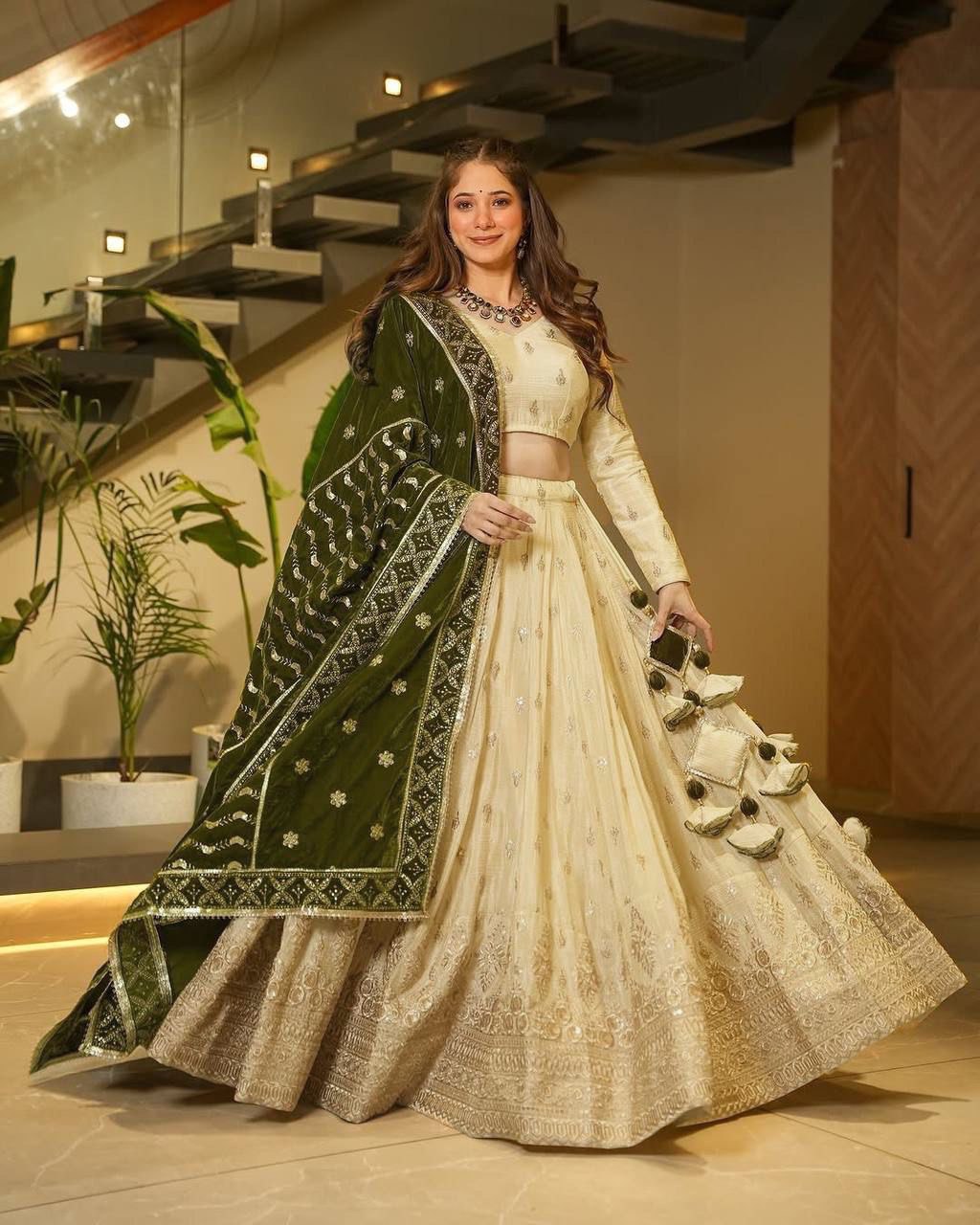BEIGE COLOR SILKYANI SLAB FABRIC BASE HEAVY EMBROIDERY THREAD & SEQUENCE WORK LEHENGA CHOLI