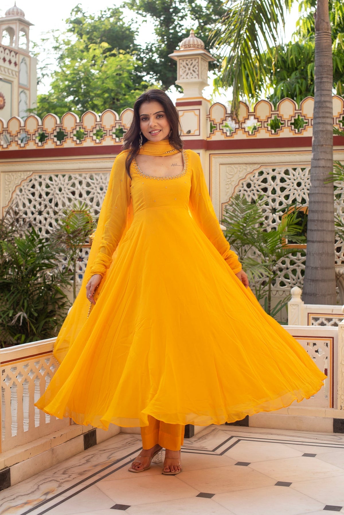 YELLOW COLOR PREMIUM HANDWORK ANARKALI SUIT SET