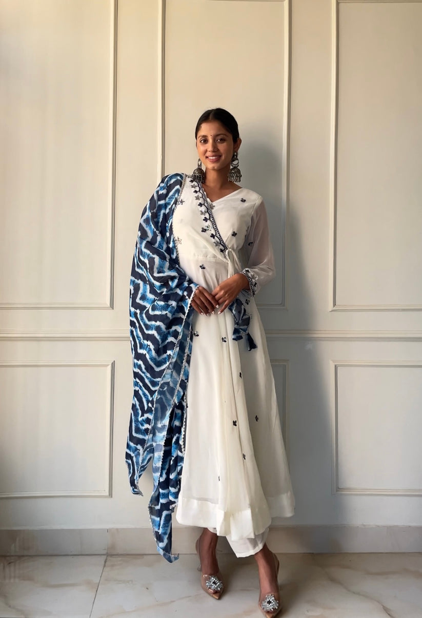 WHITE COLOUR GEORGETTE BASE EMBROIDERY WORK ANARKALI SUIT SET OF 3