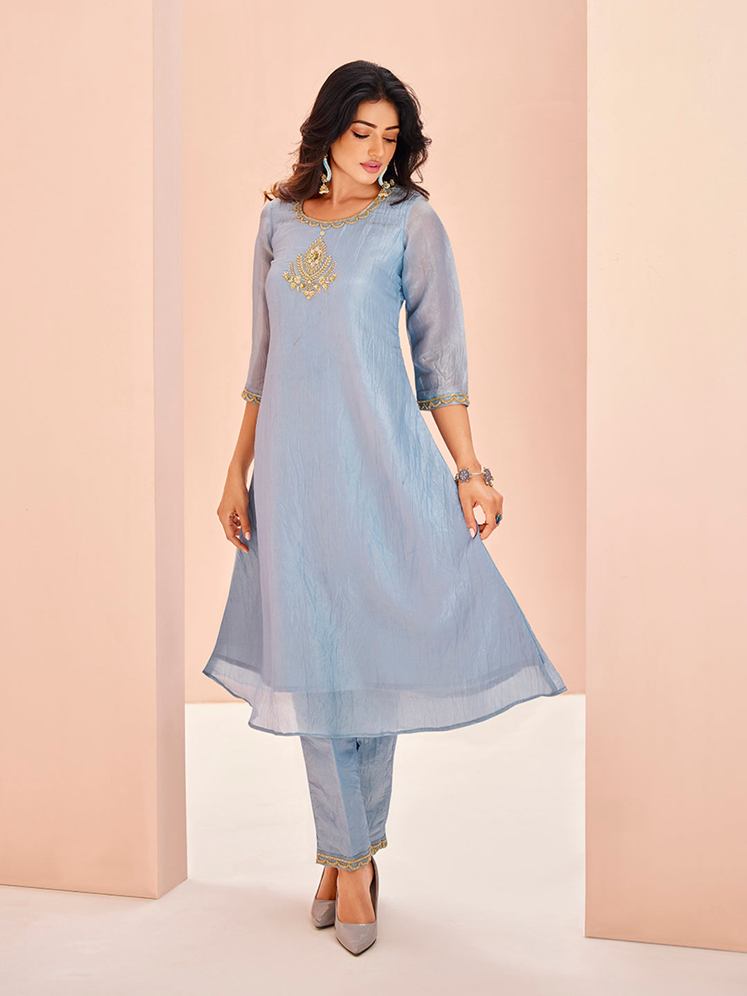 Teal Aura Hand Embroidered Organza Co-Ord Set for Festive Wear