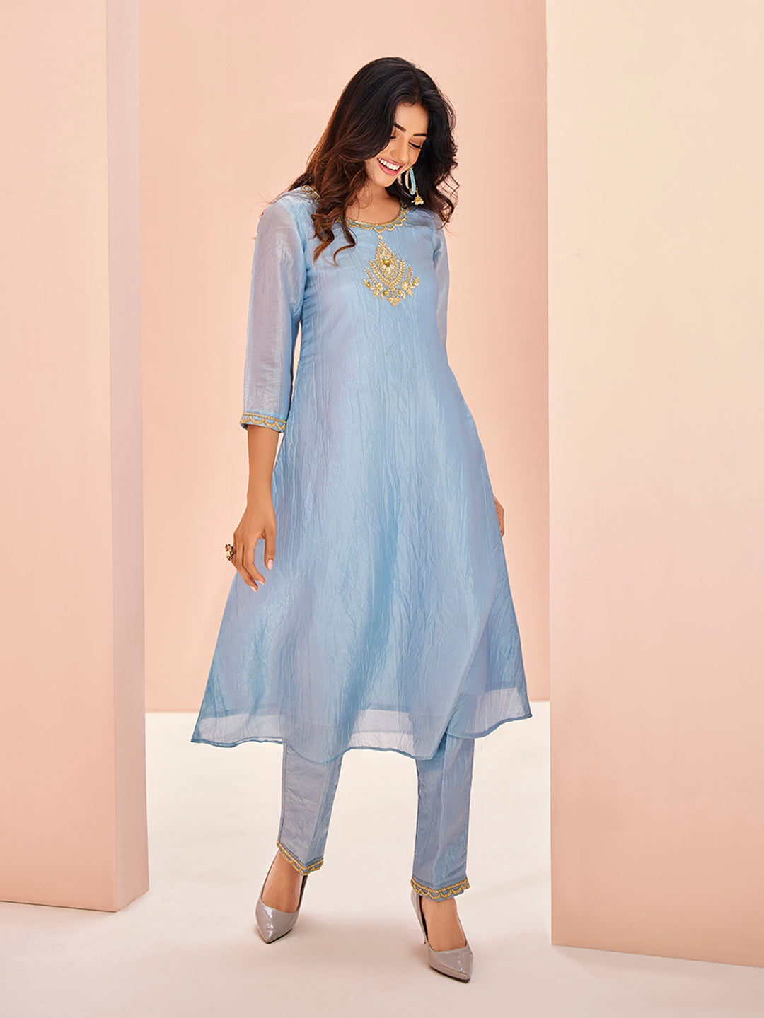 Teal Aura Hand Embroidered Organza Co-Ord Set for Festive Wear