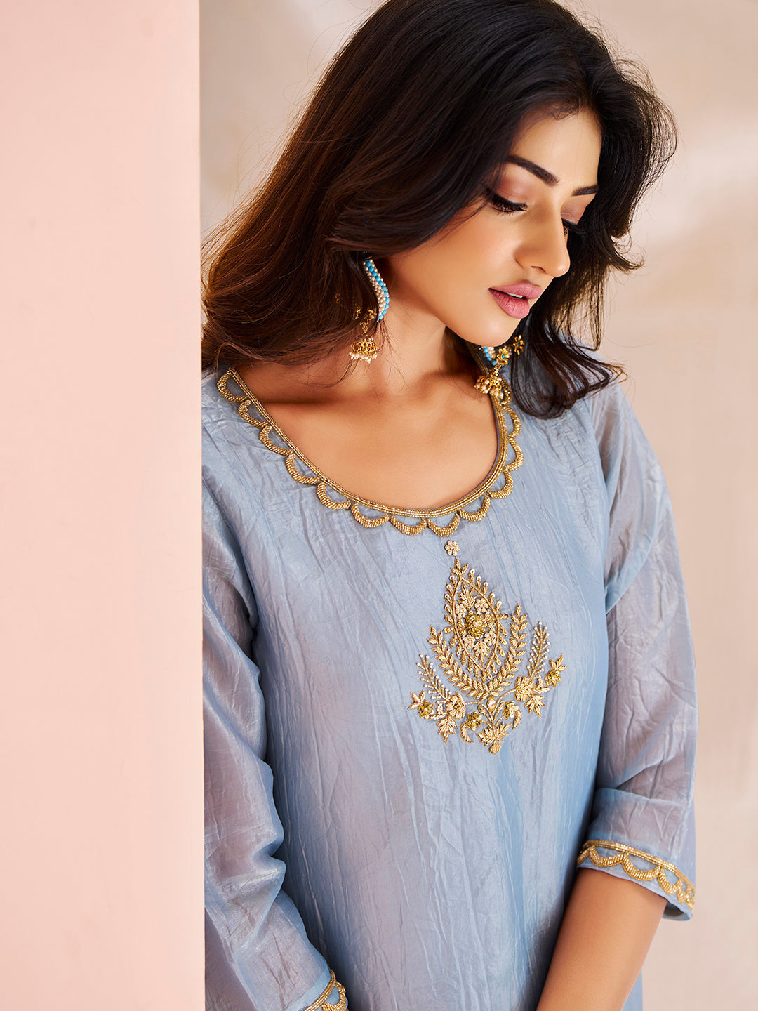 Teal Aura Hand Embroidered Organza Co-Ord Set for Festive Wear