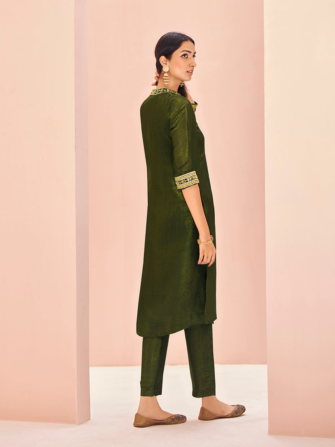 Olive Luxe Organza Hand Embroidered Co-Ord Set for Festive Wear