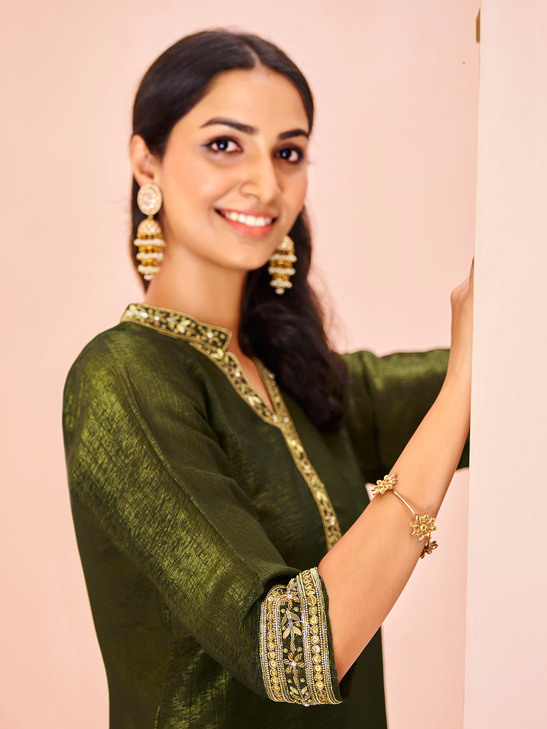 Olive Luxe Organza Hand Embroidered Co-Ord Set for Festive Wear