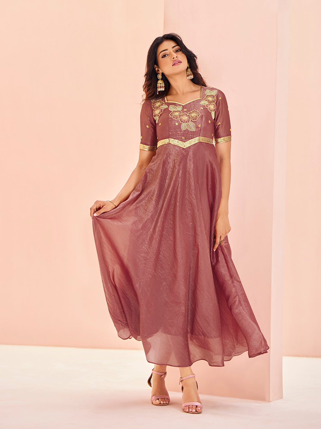 Coral Luxe Organza Handwork Embroidered Anarkali for Festive Wear